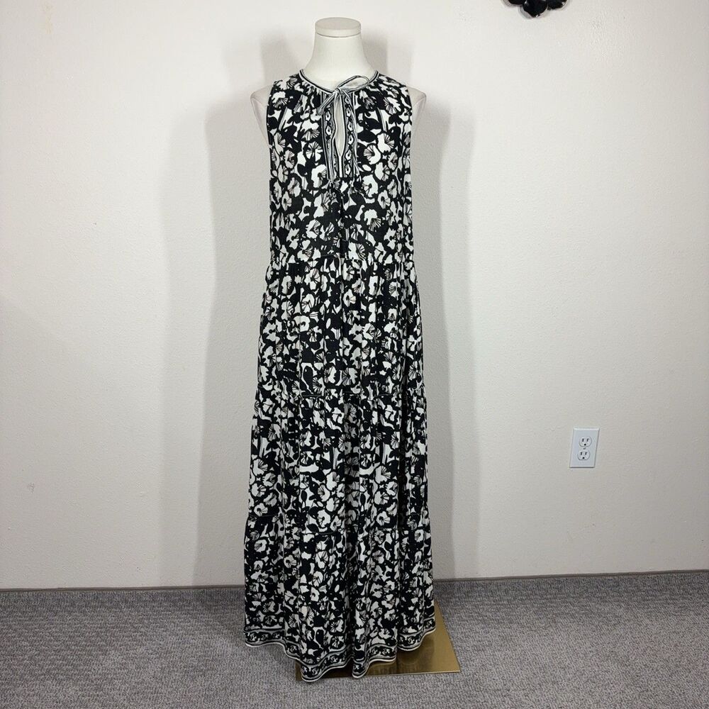 Max Studio Dress Womens Medium Black Floral Maxi Pockets Boho Tiered
